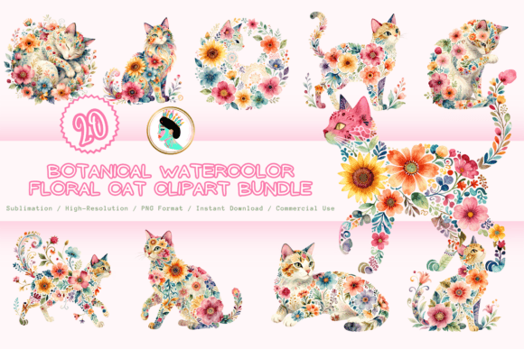 Download Botanical Floral Cat Clipart Bundle PNG - Png Collection