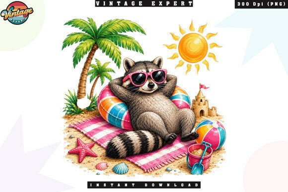 Download Cute Summer Beach Vacation Raccoon PNG - Png Collection